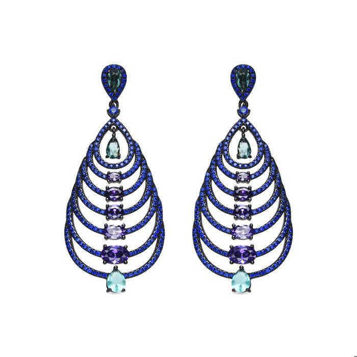 Boucles d'oreilles - Esman - Argent 925 - Zircon multicolore - Finition ruthénium noir - 51 mm