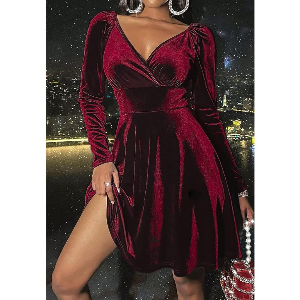 Damen Wickel V-Ausschnitt Langarm Samt Glitzer A-Linie Cocktailparty Swing Fit and Flare Skater Mini Kleid