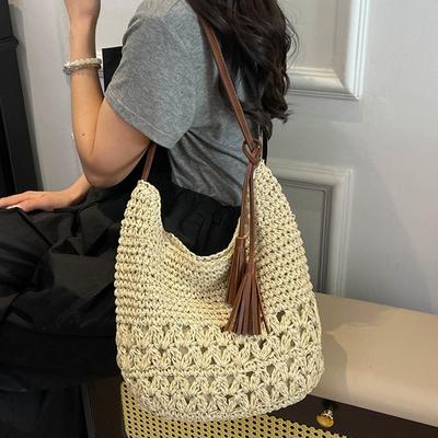 Bolsa de Grama Tecida de Verão Nova Moda Feminina Grande Capacidade Bolsa de Ombro Tecida Estilo Férias na Praia para o Dia a Dia