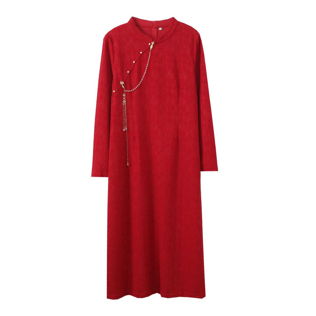 Large Size Women's Clothing Engagement Certificate Cheongsam Skirt Women's Autumn New Lace Waist Dress 343402