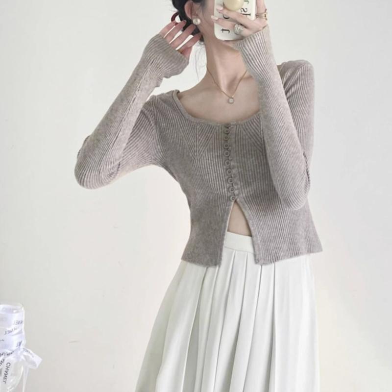 Japanese Retro Gentle Style Slim Fit Short Knit Top Inner Collarbone Exposing Sweater Women's Long Sleeve Base Layer