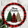 8 Inch Round Metal Wall Art Christmas Decor Plaid Leopard Wreath Sign for Home Kitchen Garden Office Holiday Decorating