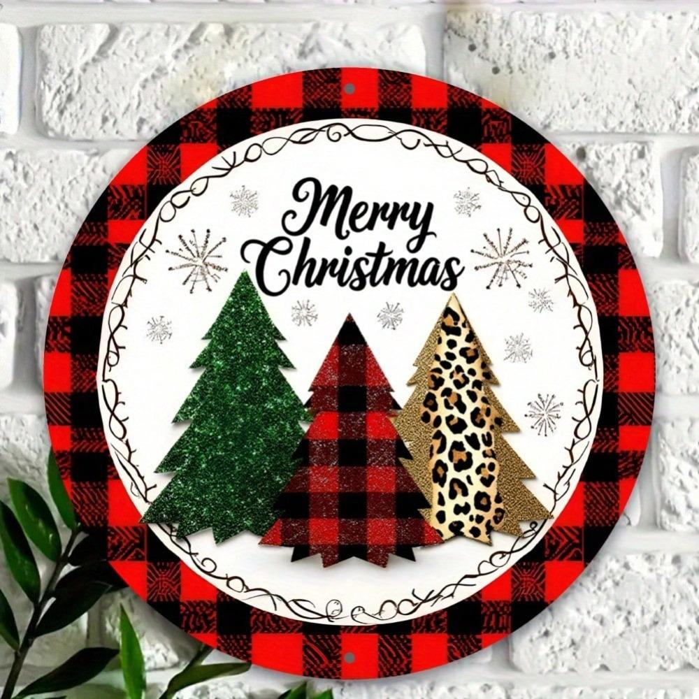 8 Inch Round Metal Wall Art Christmas Decor Plaid Leopard Wreath Sign for Home Kitchen Garden Office Holiday Decorating