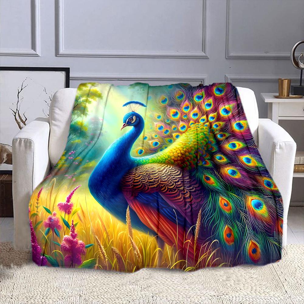 "Vibrant Peacock in Lush Sunlit Forest" Patterned flannel blanket perfect for the bedroom living room, sofa, or a little nap