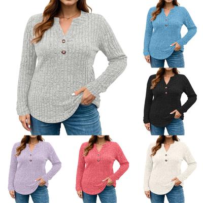 Women's Fashion V Neck Long Sleeve Ribbed Elegant Commuting And Casual Top