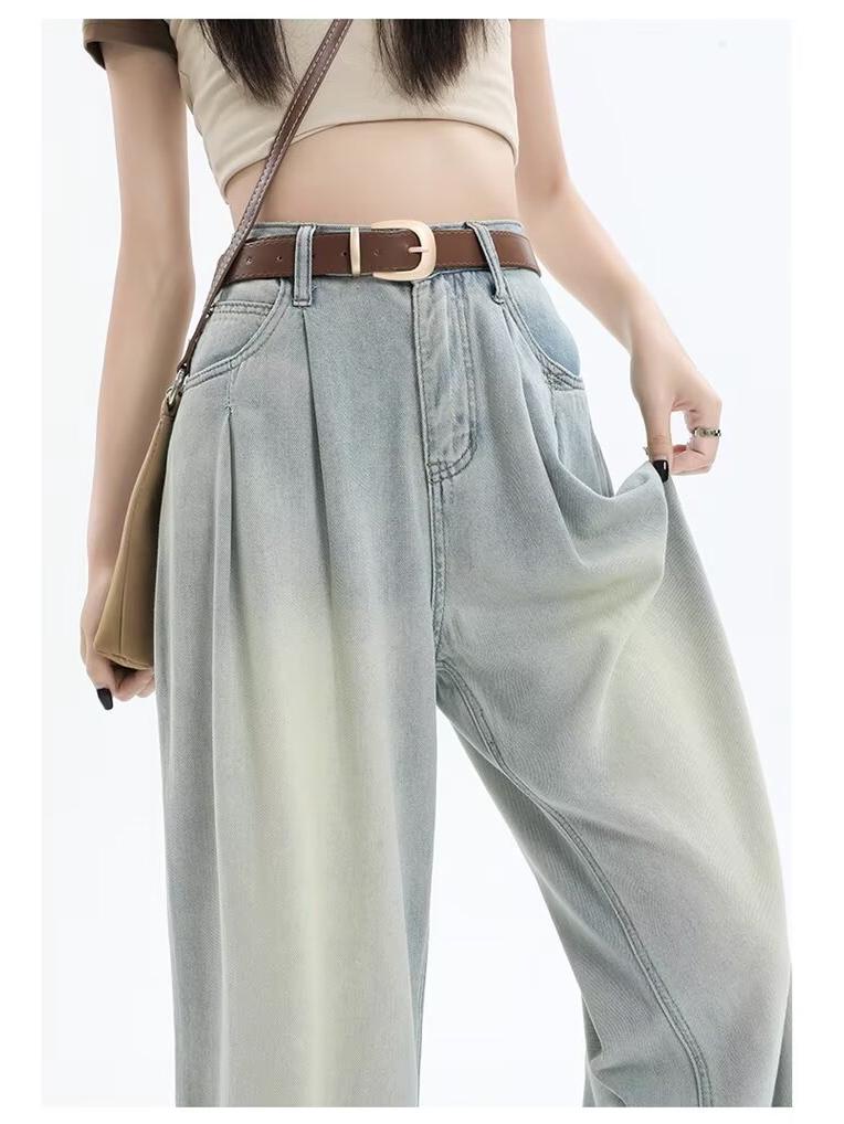 Korean Style High Waist Wide Leg Jeans - Women's Retro Pleated Loose Straight-Leg Pants for Spring & Autumn