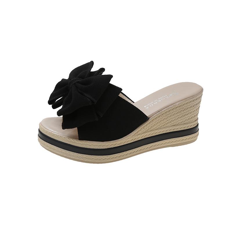 

Босоножки на покатом каблуке женские, лето 2024, новый стиль феи, бант, толстая подошва, темперамент, модные босоножки на покатом каблуке 40