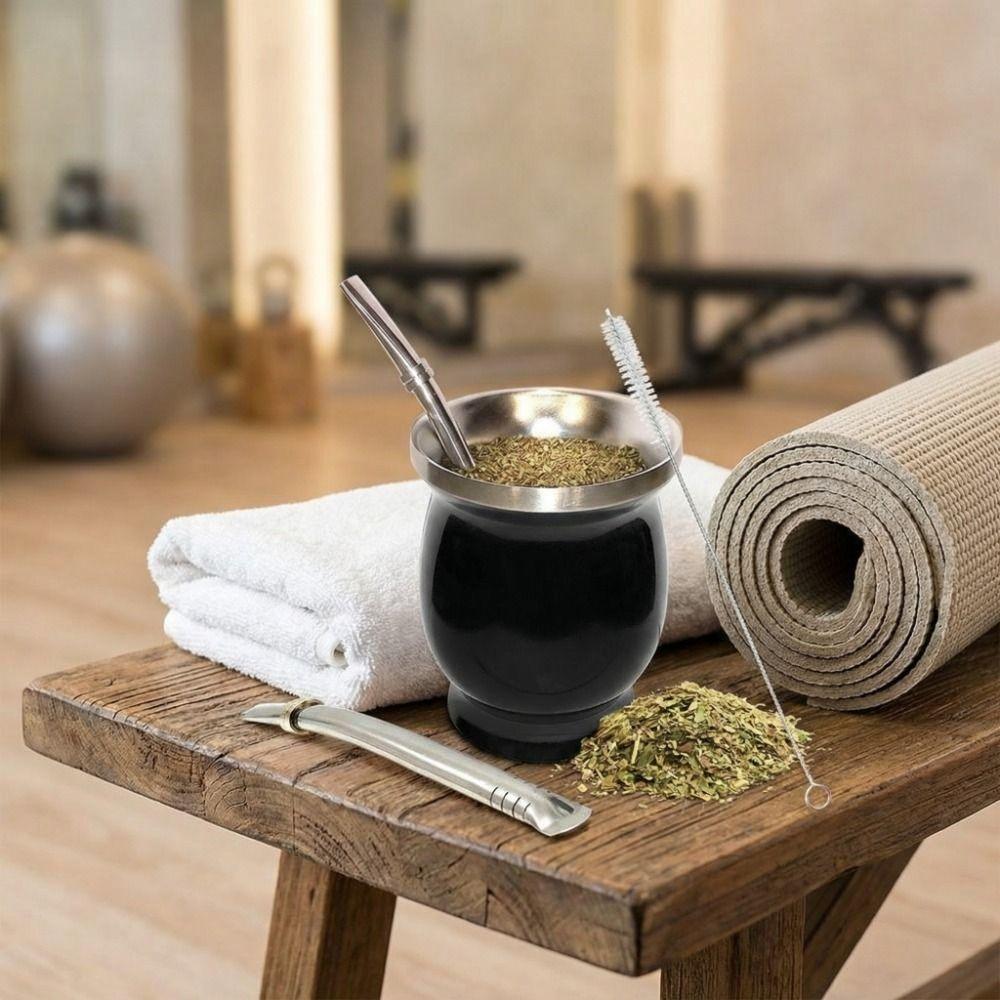 Practical 230 ML Yerba Mate Cup Double Wall Stainless Steel Straw Cup Reusable with Cleaning Brush Tea Cup Set Tea Drinking