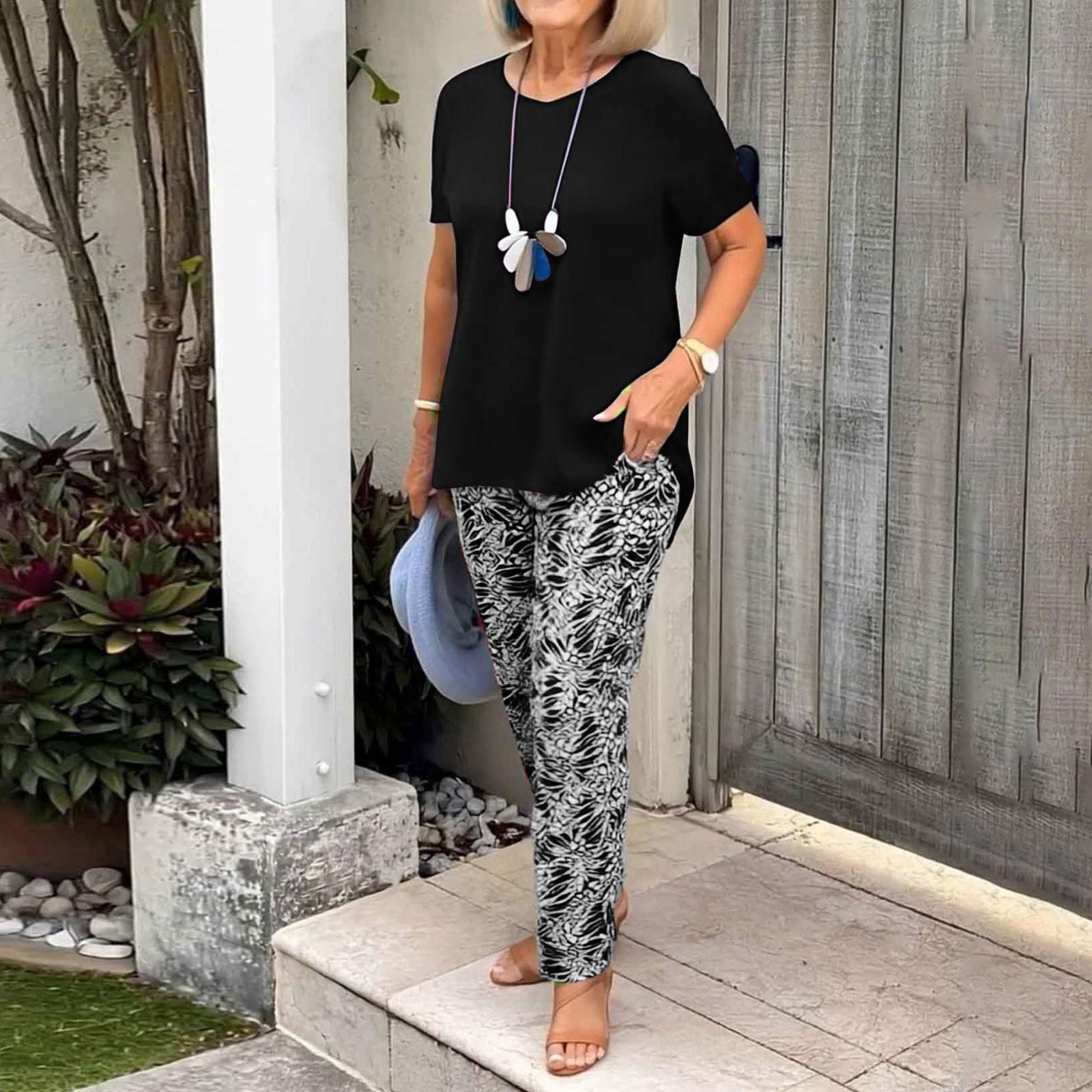 

Женский праздничный повседневный костюм из двух частей Мягкий и удобный летний свободный топ с напечатанными брюками Повседневный костюм из двух частей L чёрный