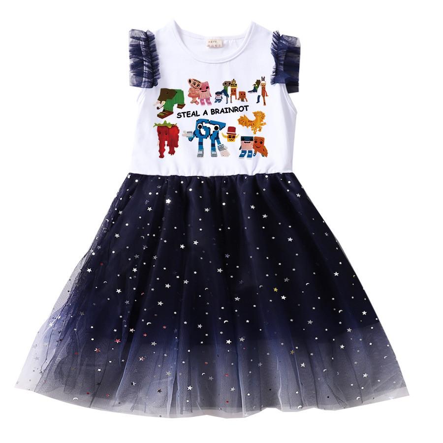 9191 Kinder Mädchen Steal a Brainrot 67 Six Seven Print Ärmellos Rüschen Lässig Mesh Kleid