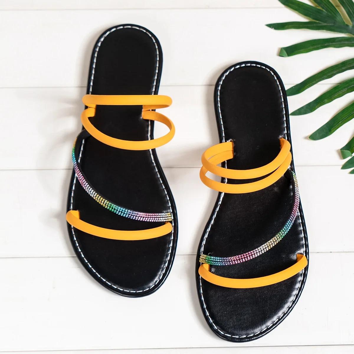 

Новые летние женские тапочки, повседневные, удобные, уличные шлепанцы, плоские, с нескользящим открытым носком и стразами, женские тапочки 43