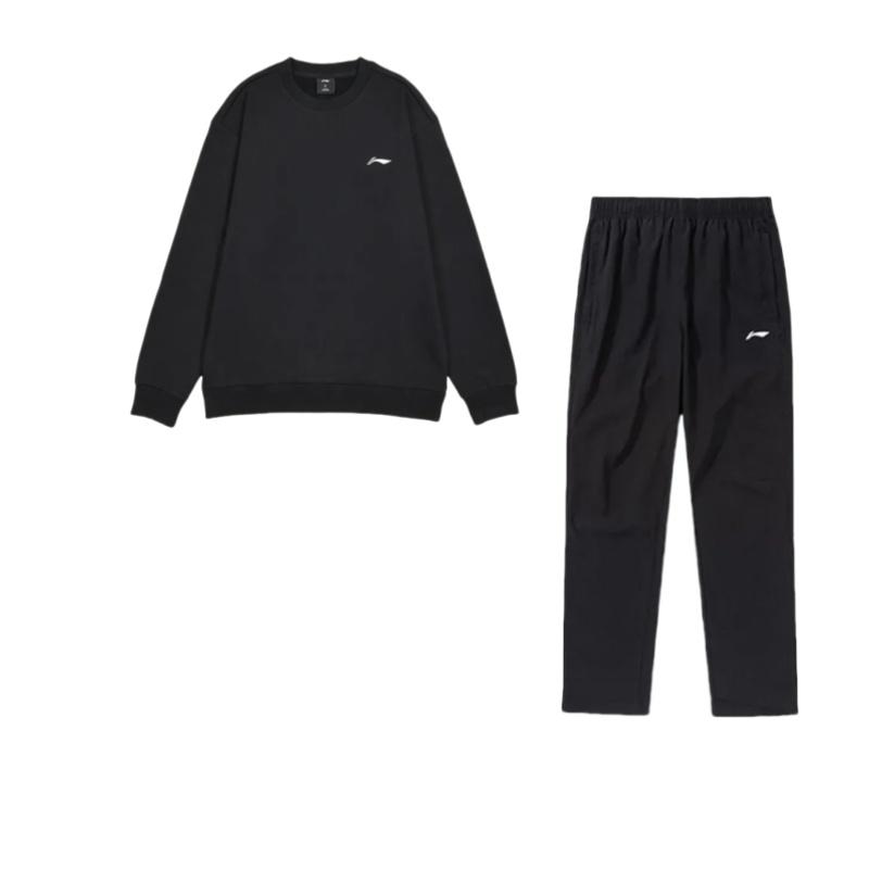 Li Ning Solid Color Round Neck Loose Thickened Pullover Long Sleeve Top And Mid Waist Elastic Pants Casual Sports Suit Unisex suit AWDTC69-1+AYKT413-1