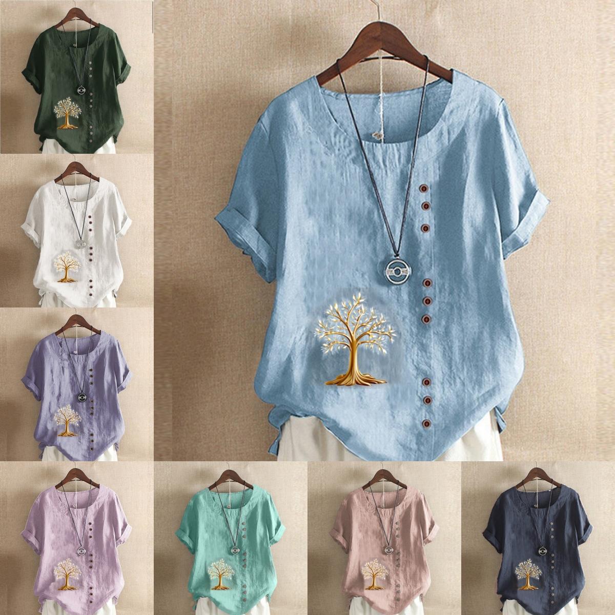 

Women s New Fashion Linen Shirt Round Neck Short Sleeve Golden Tree Printed T-shirt Summer Ladies Casual Plus Size Blouse Tops