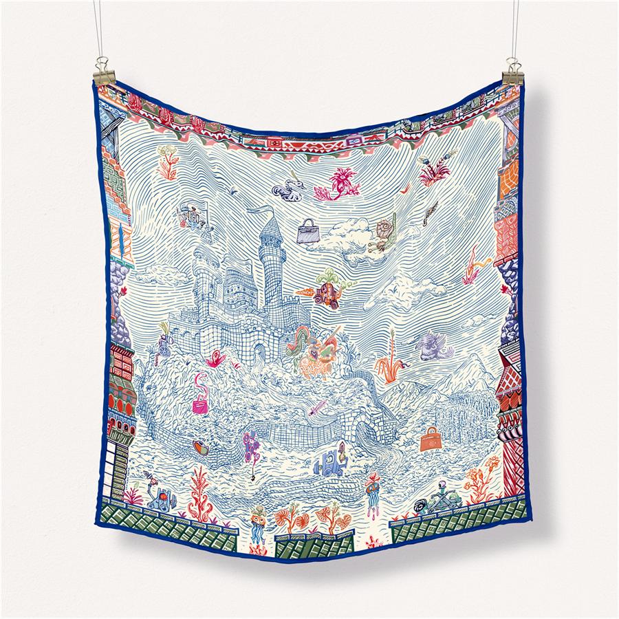 Twill Silk Scarf Woman Castle Painting Square Scarves Wraps Bandana Small Hijab Silk Foulards Tie Headband Neckerchief 53CM