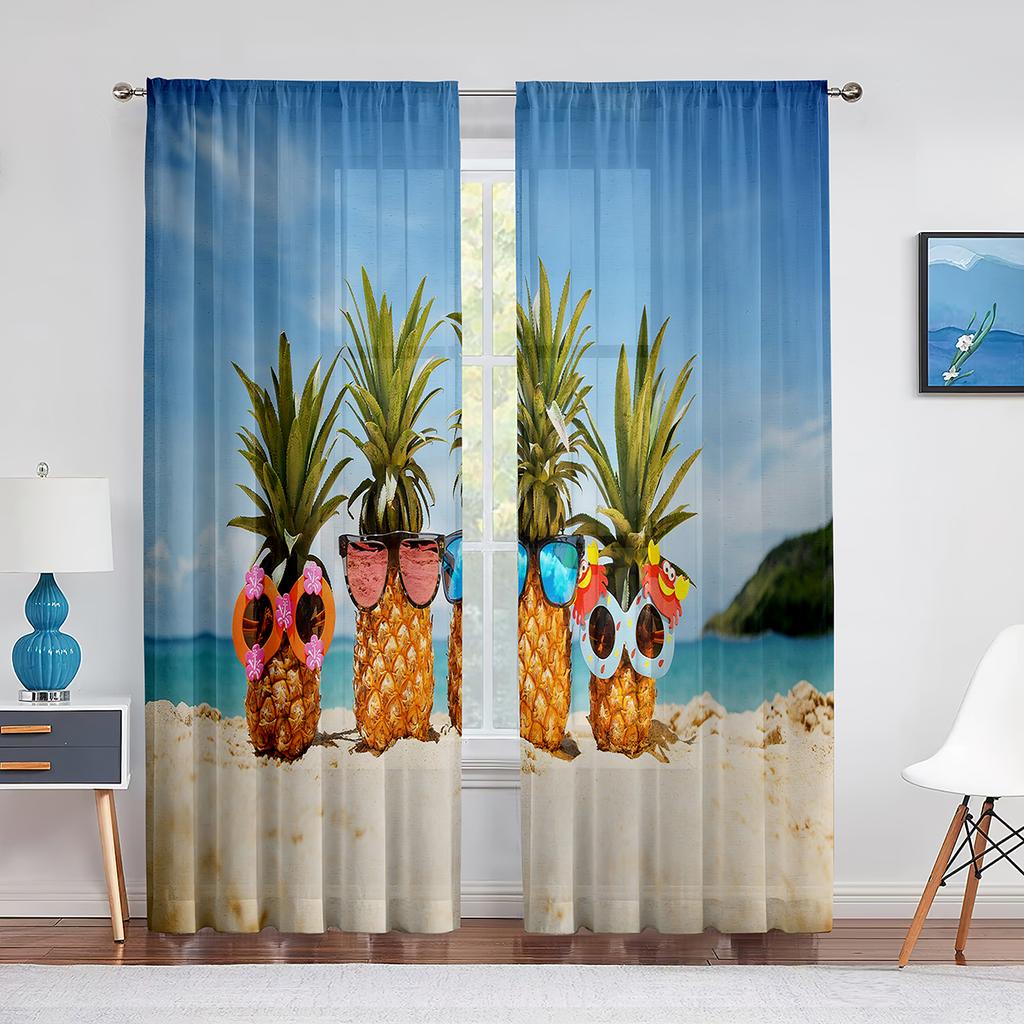 Sommer Ozean Strand Lustige Ananas Tragen Sonnenbrillen Transparente Vorhänge für Wohnzimmer Schlafzimmer Dekoration Fenster Voile Tüll Vorhang