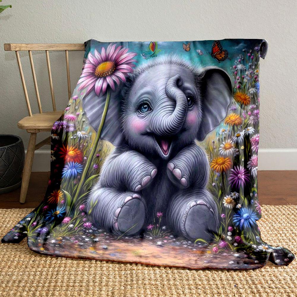 Cute Baby Elephant In a Flower Field Print Blanket Soft and Cozy Perfect for the Living Room Bed Sofa or a Nap,gift