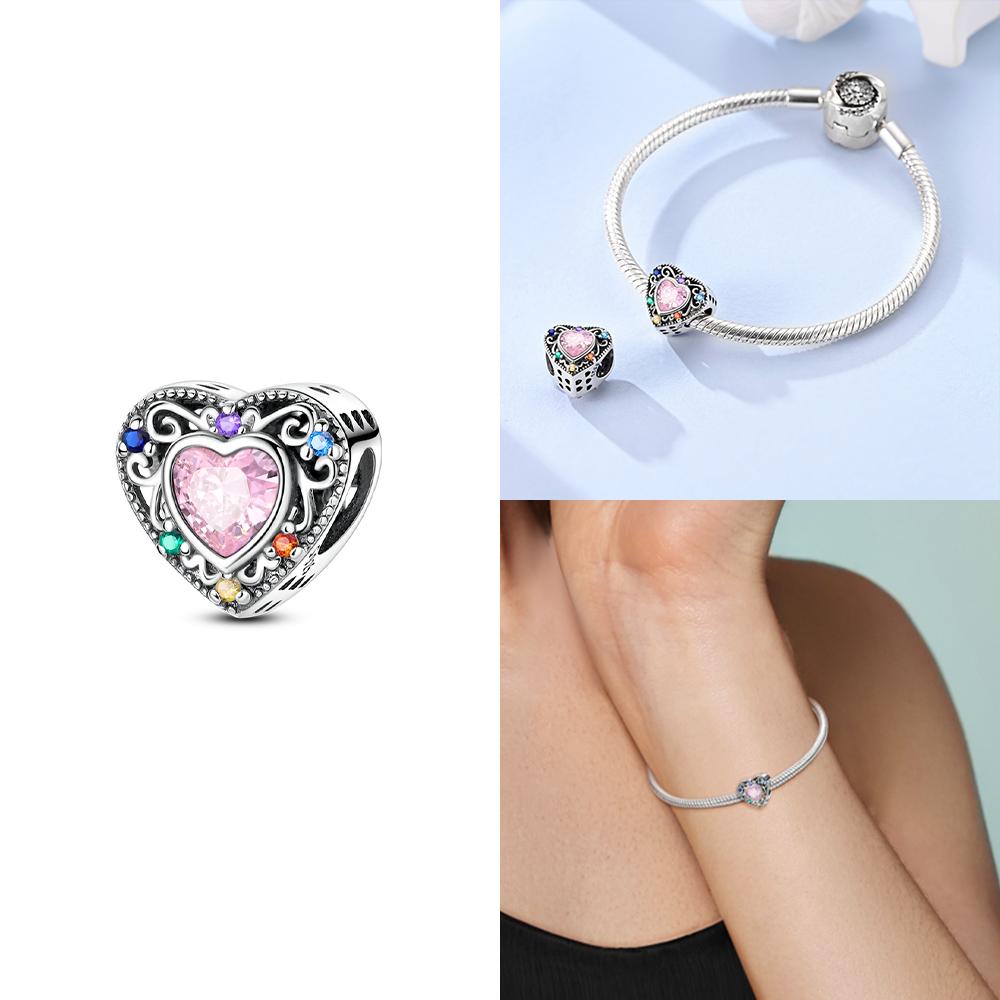 925 Silver Charms Pink Iris Flower Heart Unicorn Four Leaf Clover Beads for DIY Bracelet Jewelry Making Women