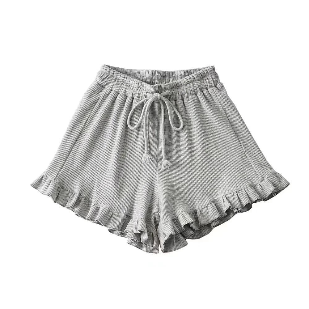 Women's Summer Lace Waffle Shorts: Elastic Waist, Lace-up, Ruffle Edge, Versatile Casual Sports Hot Pants