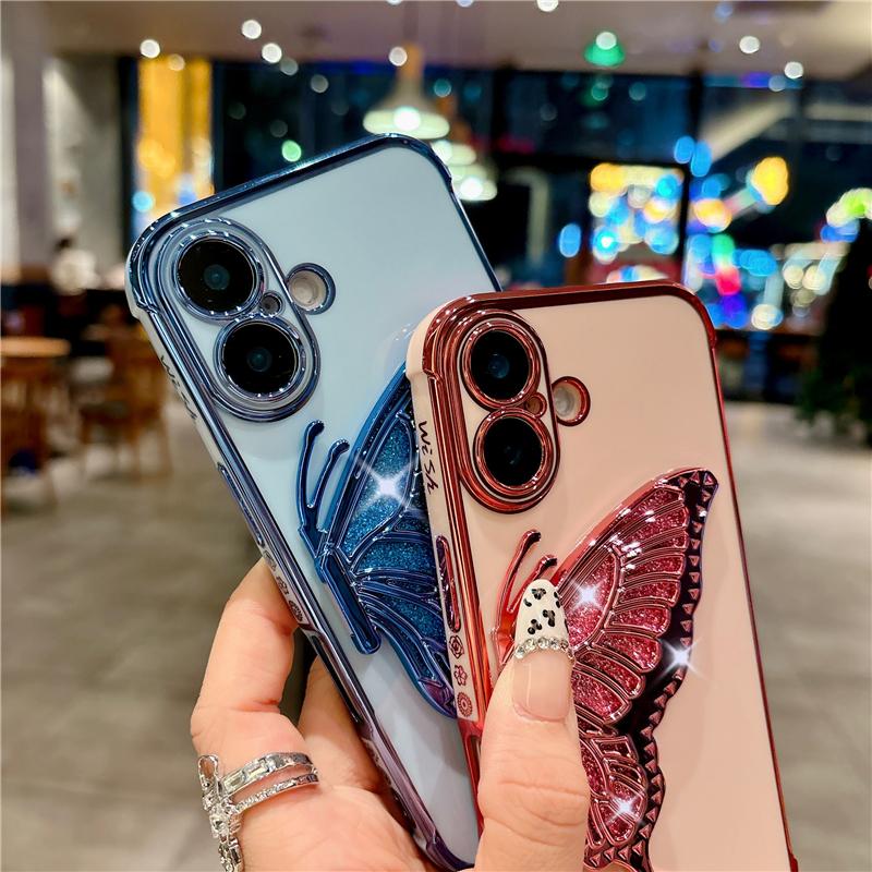 For iPhone 16 Pro Max Luxury Flash Plating Pattern Frame Butterfly Holder Phone Case For iPhone 11 12 13 14 15 Plus Stand Cover