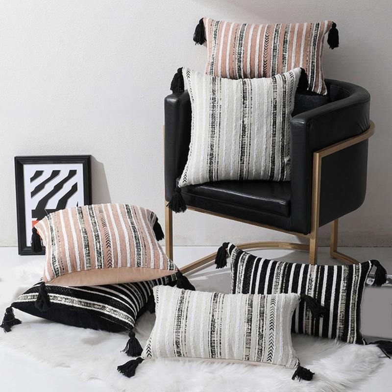 Chenille Jacquard Streifen Geometrisch Quasten Kissenbezug Weiche Dekorative Kissenbezüge für Sofa Schlafzimmer und Wohnzimmer
