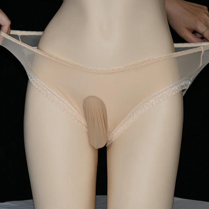 Large Size Sissy Panties Men Mesh Fully Transparent Briefs Silky Smooth Bullet Separation Lingerie Underwear U Convex Underpant