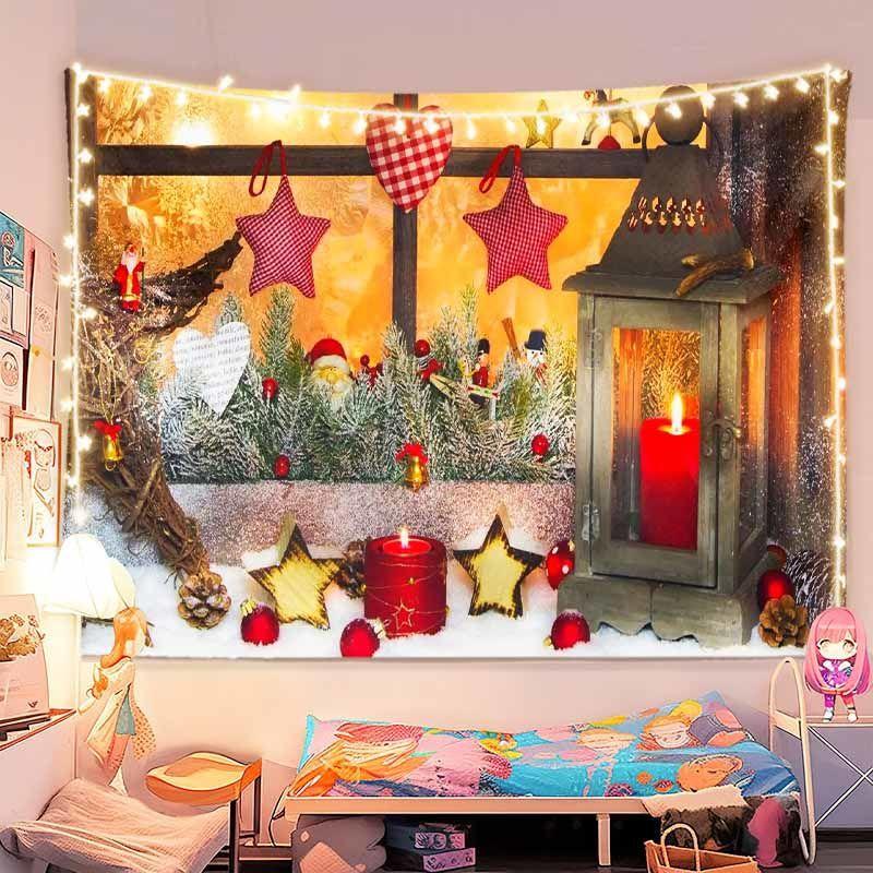Vintage Christmas Living Room Wall Tapestry Big Tree Fireplace Sofa Gift Warm Light Cozy Holiday Aesthetic Home Decor