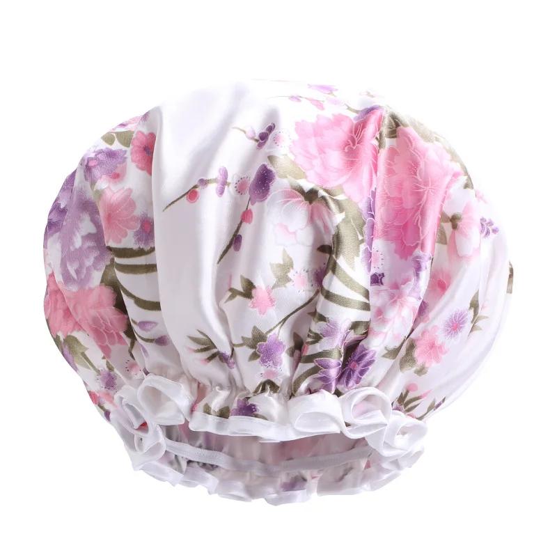 Large Lace Satin Anti-fume Cap PE Lined Waterproof Shower Cap Beauty Home Cap