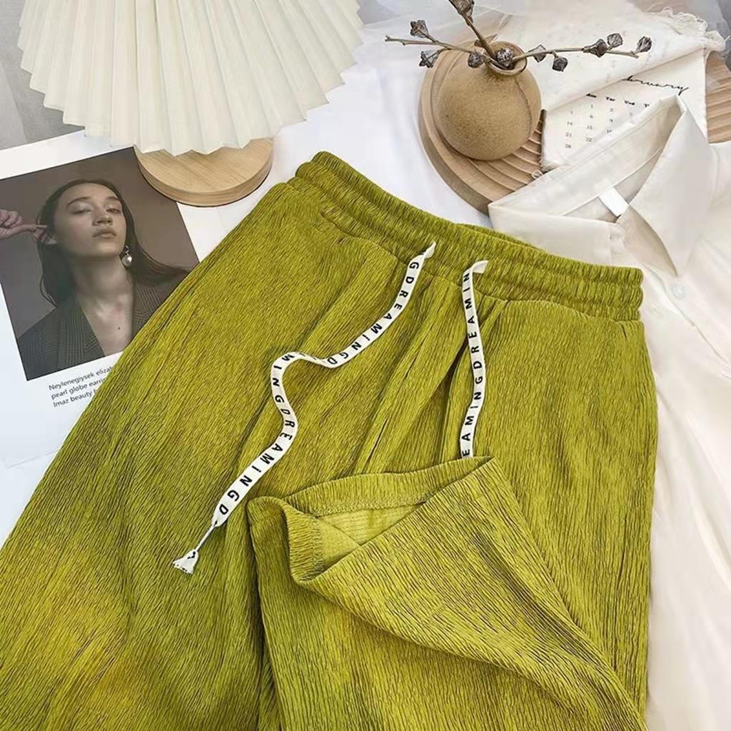 Embroidery Top Sleeved Wrinkle Short Straight Wide Leg Long Pants Set Woman Causal 2 Pieces Pajamas Home Wear Loungewear