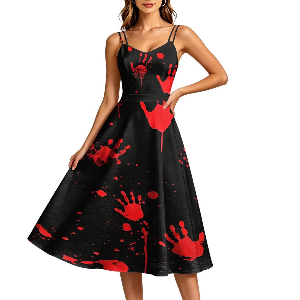Women's Casual Round Neck Sleeveless Dress with Halloween Print for Party and Daily Wear