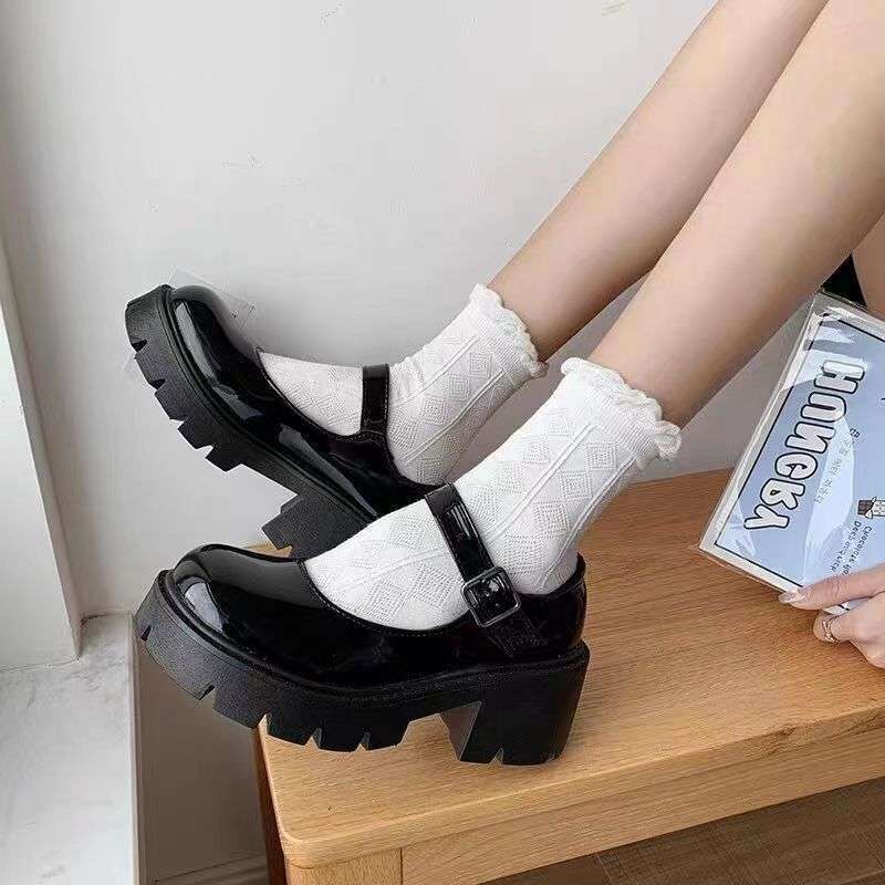 Round head small leather shoes women's British style small fragrant style Japanese jk uniform black platform one-word buckle Mary Jane shoes singl