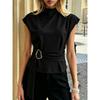 High Neck Sleeveless Metal Buckle Belt Waist Cinching Slim Fit Commuter Blouse