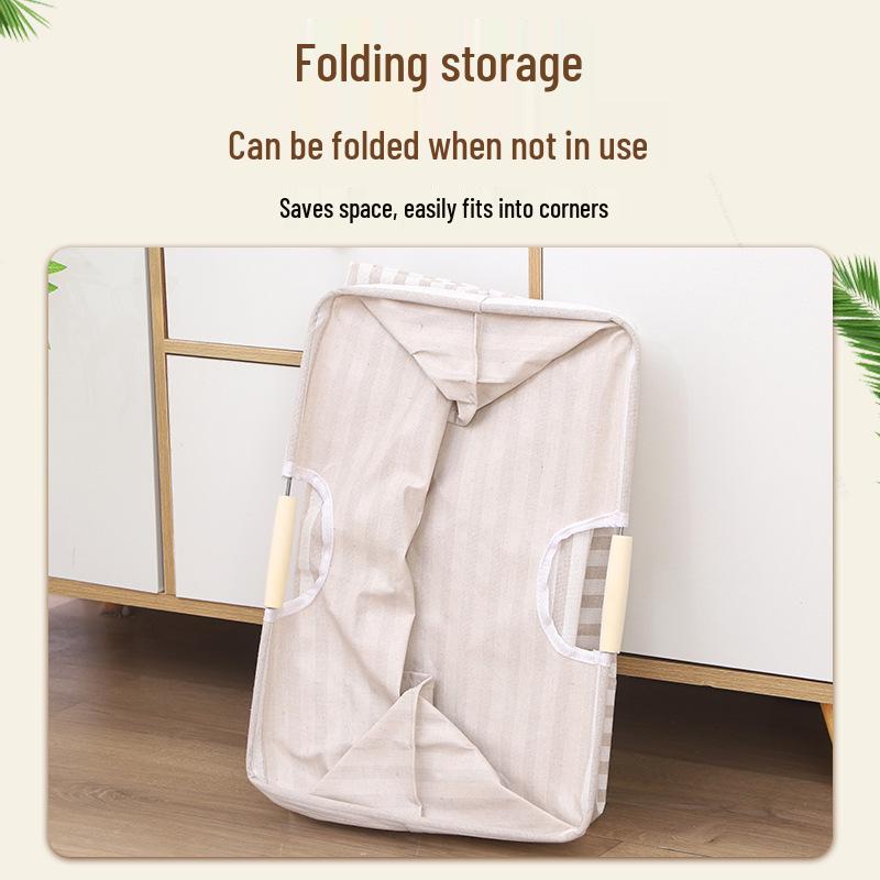 Foldable Cotton-Linen Laundry Hamper with Wooden Handle - Waterproof and Portable for Bedroom & Bathroom