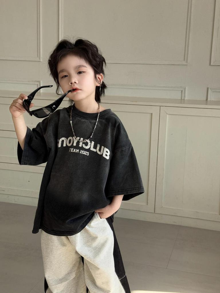 2025 Boys Denim Color Block Wide Leg Sweatpants - Casual Loose Fit, Pleated Straight-Leg Design