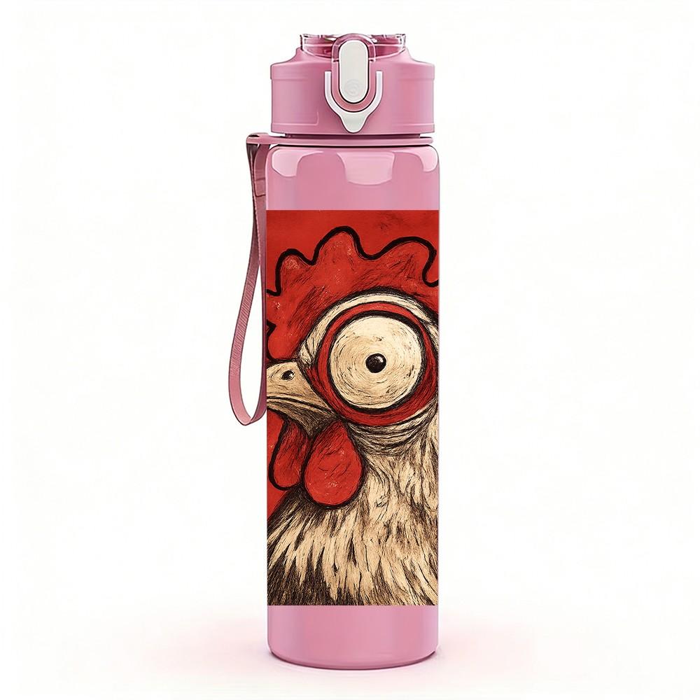 1PC Vintage Rooster Portrait Art 750ml Color Plastic Sports Water Bottle Leakproof Flip Straw Lid Suitable for Sports Office Home Use
