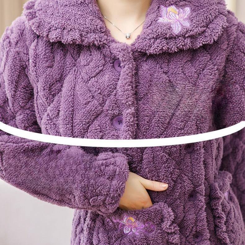 Autumn Winter Women's Padded Thick Coral Fleece Coat and Pants Two-piece Warm Pajamas Set Loungewear