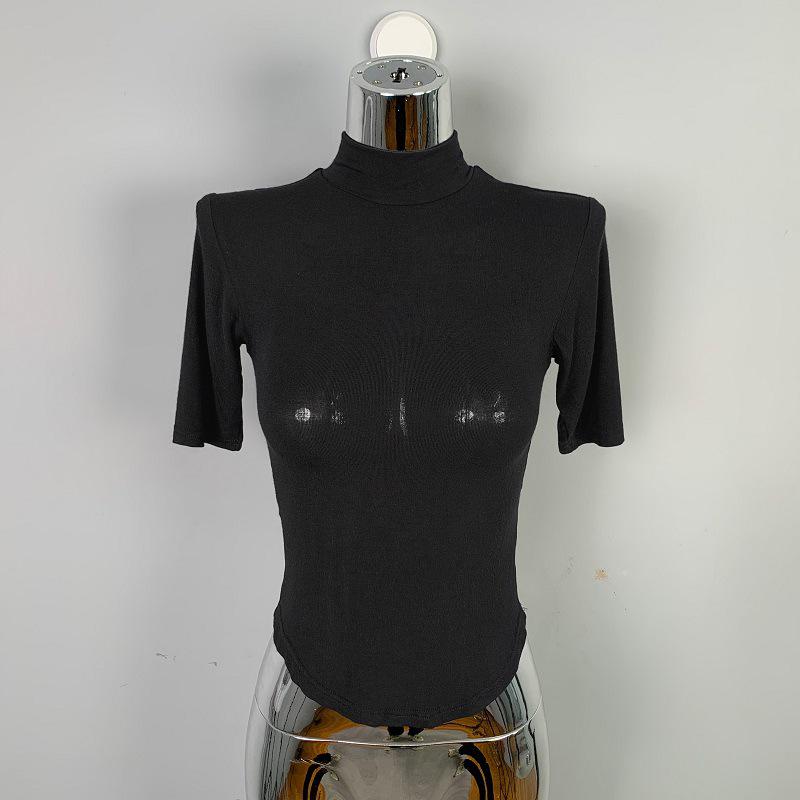 Korean Dongdaemun Sheer High Neck Slim Fit T-Shirt with Five-Point Sleeves