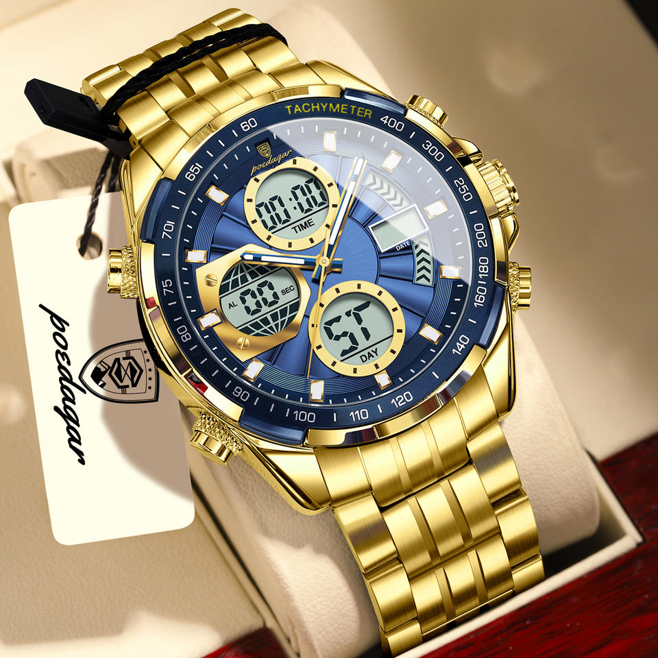 POEDAGAR Clock Waterproof Electronic LED Luxury Watches Dual Time Display Digital Stainless Steel Men Quartz Watch