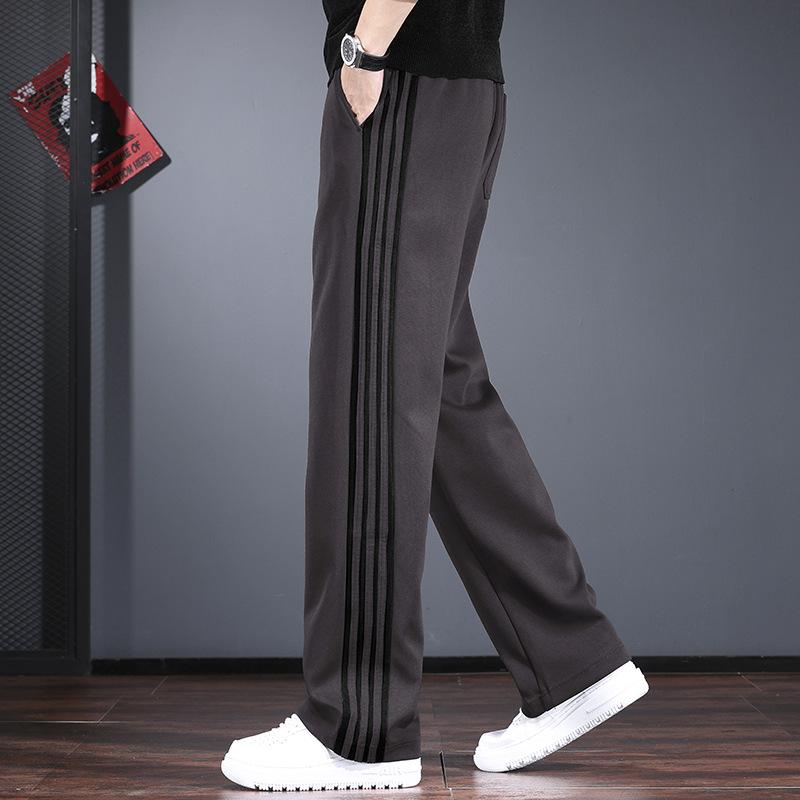 Striped splicing casual pants men's autumn and winter loose straight wide-leg sweatpants trendy brand design sense fleece thickened men's pants