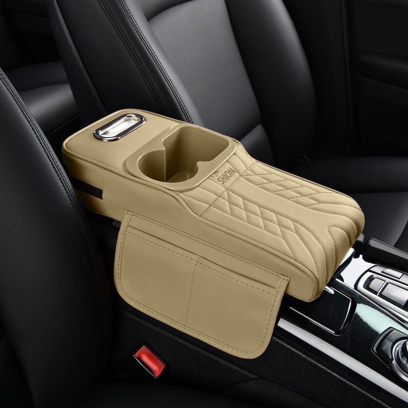 

16cm Narrow Armrest Box: Leather Cushion with Tissue Holder & Dual Cup Storage