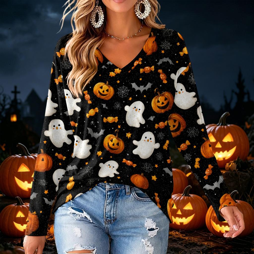 Women's V-Neck Long Sleeve Halloween Print Lightweight Blouse for Fall Parties and Everyday Wear