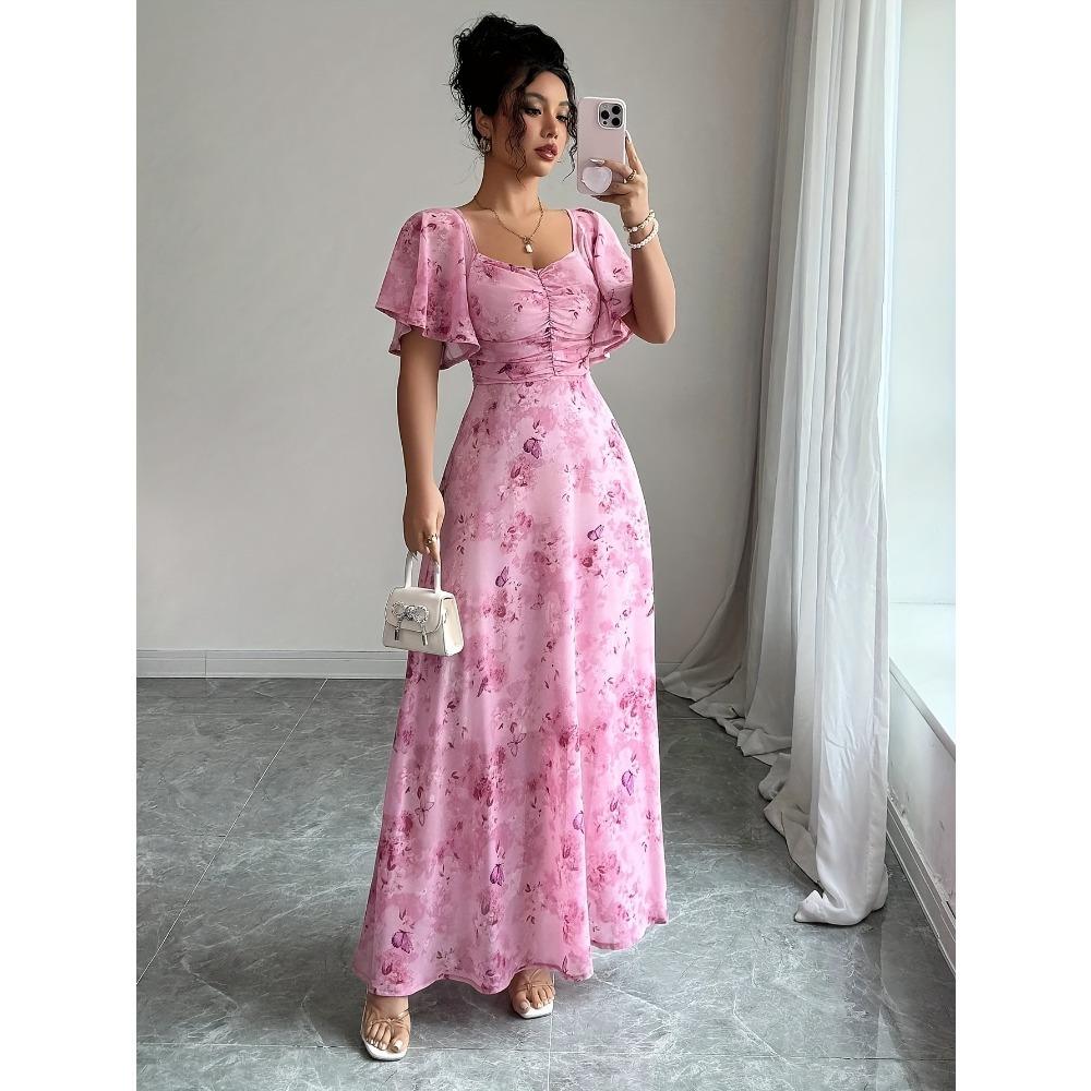 Damen Schmetterlingsmuster Fledermausärmel Chiffonkleid, Plissiert Süß Französischer Stil Sommerkleid, Elegante Koreanische Herbstmode