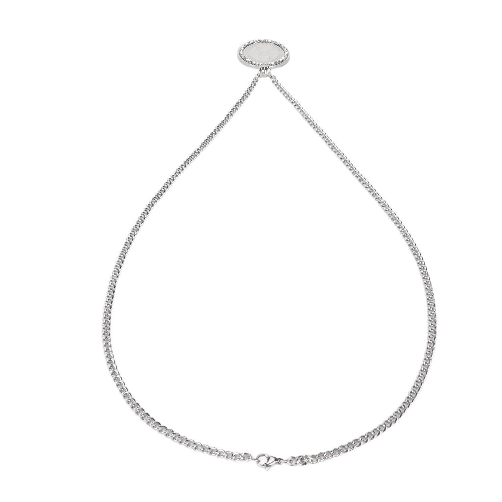 Round Engraved Pendant Necklace Men Women Fashionable Stainless Steel Rhinestone Pendant Necklace Steel Color