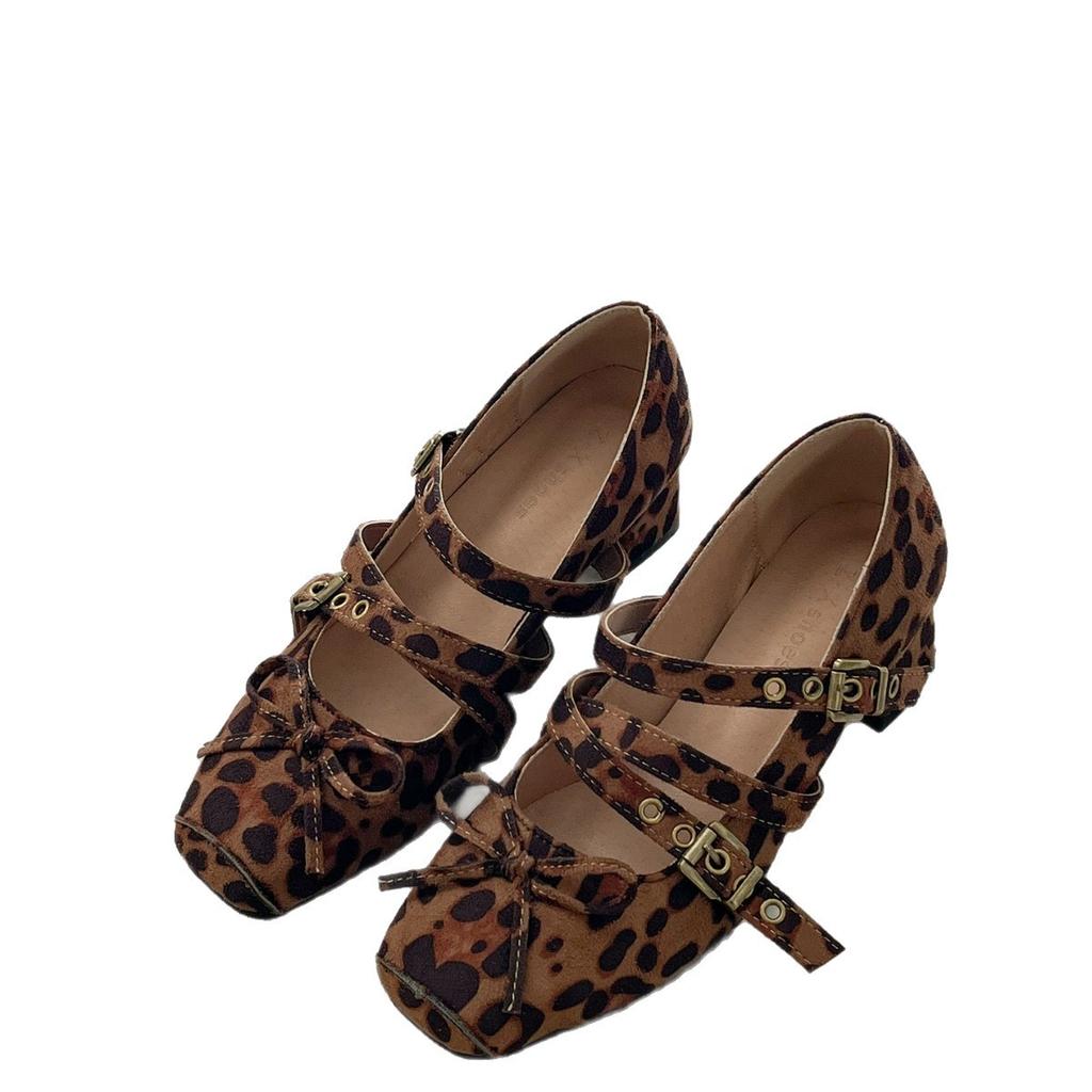 Small retro style leopard print thick heel Mary Jane shoes women's 2025 autumn and winter new square head high heel light mouth single shoes
