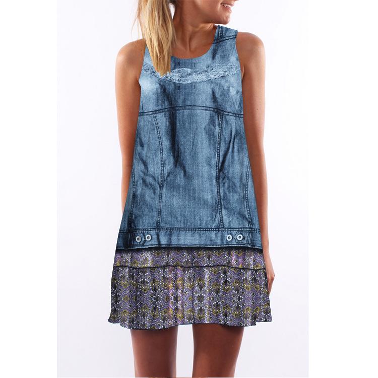European Station European and American New Retro Digital Printing Round Neck Hot-selling Off-the-shoulder Medium and Long Vest Dress