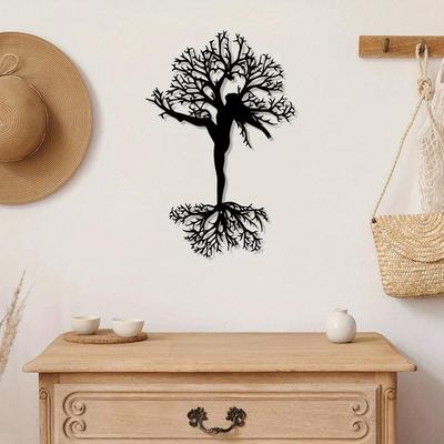 Vintage Tree and Woman Metal Wall Art Rust Proof Iron Silhouette Christmas Yard Decoration Unique Gift for Art Lovers