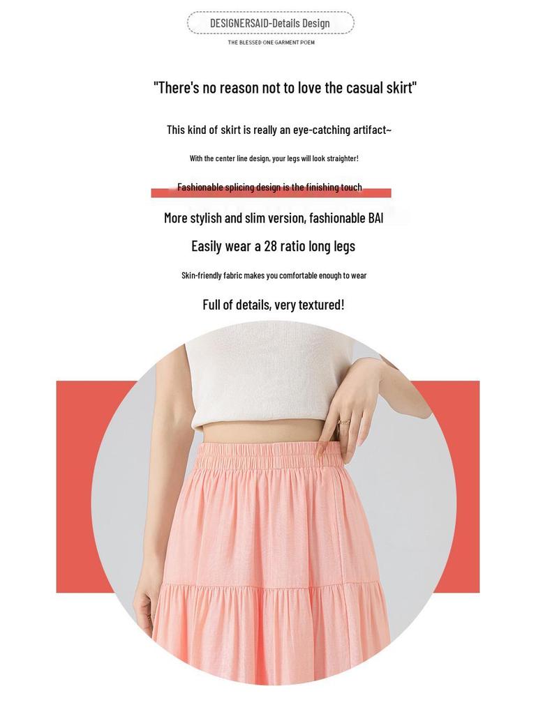 Summer 2025 Pink A-line Midi Skirt with Elastic Waist: Loose Fit, Slimming Design for Casual Wear.
