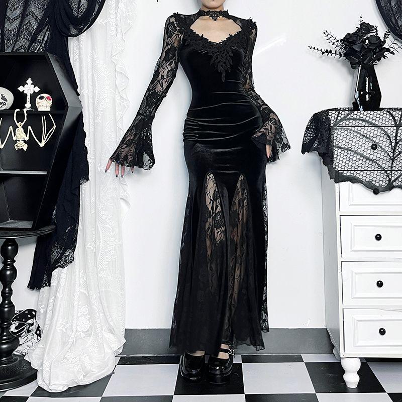 Women's Gothic Lace Long-Sleeve Halloween Mermaid Dress