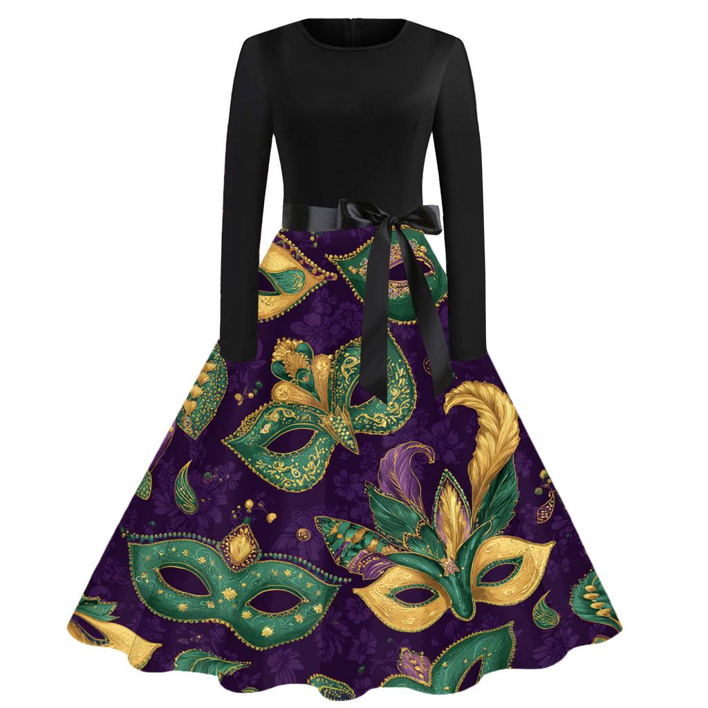 Damen Casual Mode Rundhals Karneval Bedrucktes Vintage Kleid