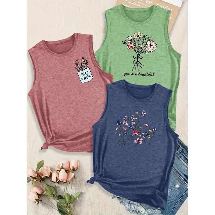 Women's Elegant Style Simple Fresh Line Letter Combination Gift Print Pattern Round Neck3Sleeveless Vest Spring/summer Women's Top