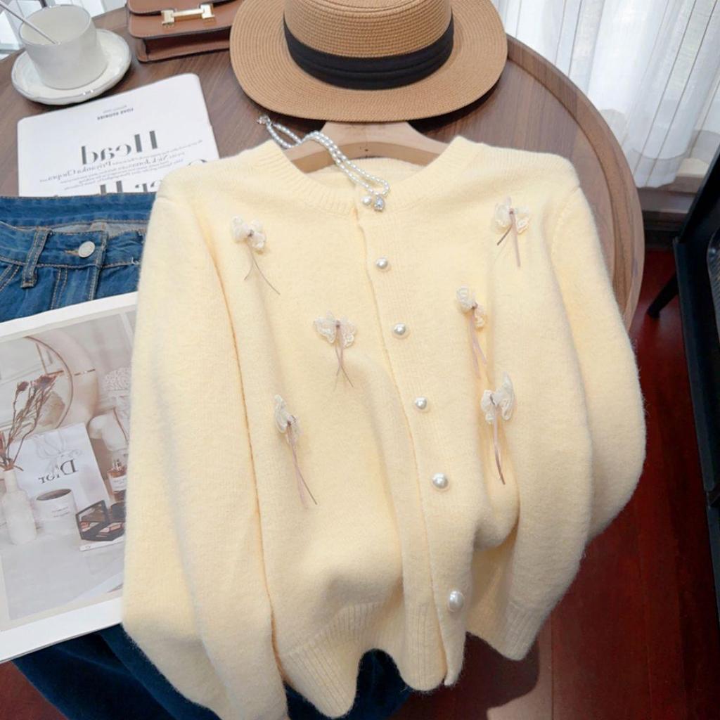 Fragrant Style Women's Bow Sweater Coat - Loose Round Neck Knitted Cardigan for Spring & Autumn 2025